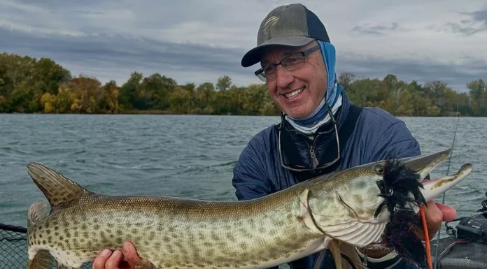 Hunting with a Fly #2 | Rick Kustich’s Musky Fly Fishing Playbook Rick Kustich holding a musky caught on a fly with a large streamer in its mouth