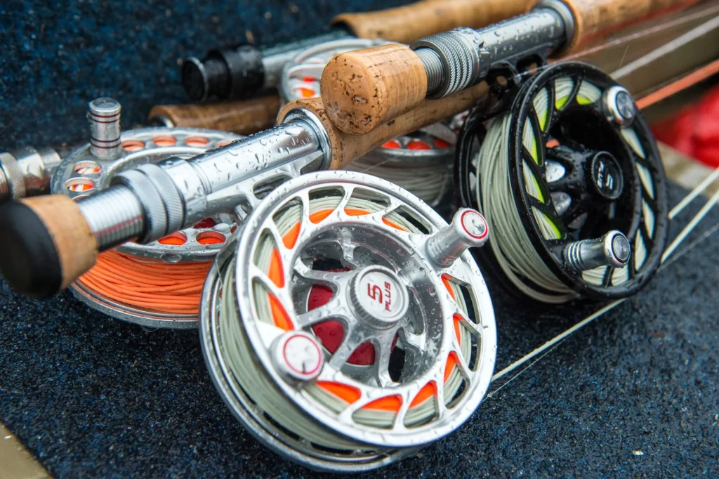 Hatch fly reel mounted on a Spey rod, rigged and ready for two-handed casting