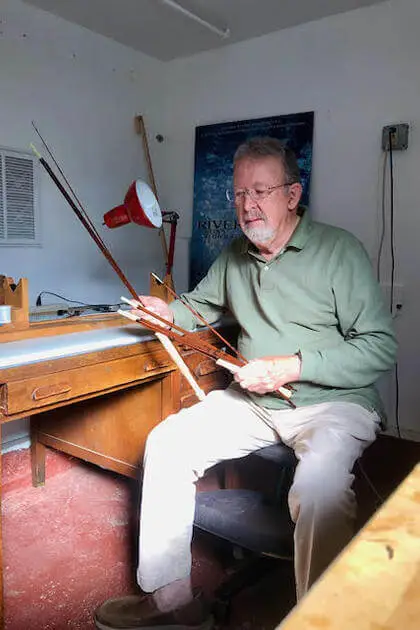 Larry Kenney building a fly rod in his workshop demonstrating fly rod design and craftsmanship at Scott Fly Rods